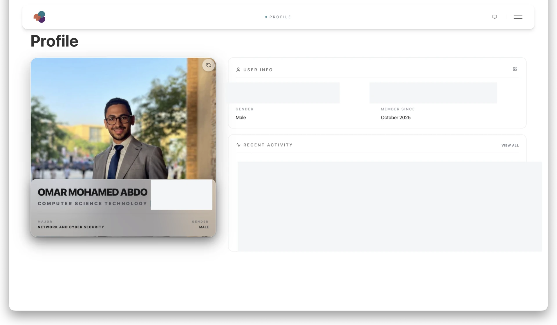 CMP profile interface with Omar's portrait while university identifiers, contact values, and activity details are permanently masked.