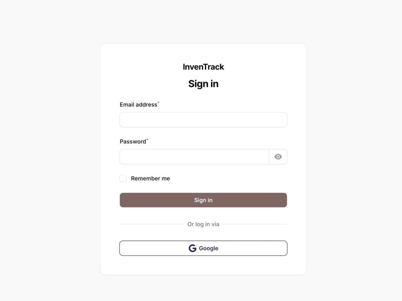 InvenTrack sign-in surface with empty email and password fields plus Google authentication.