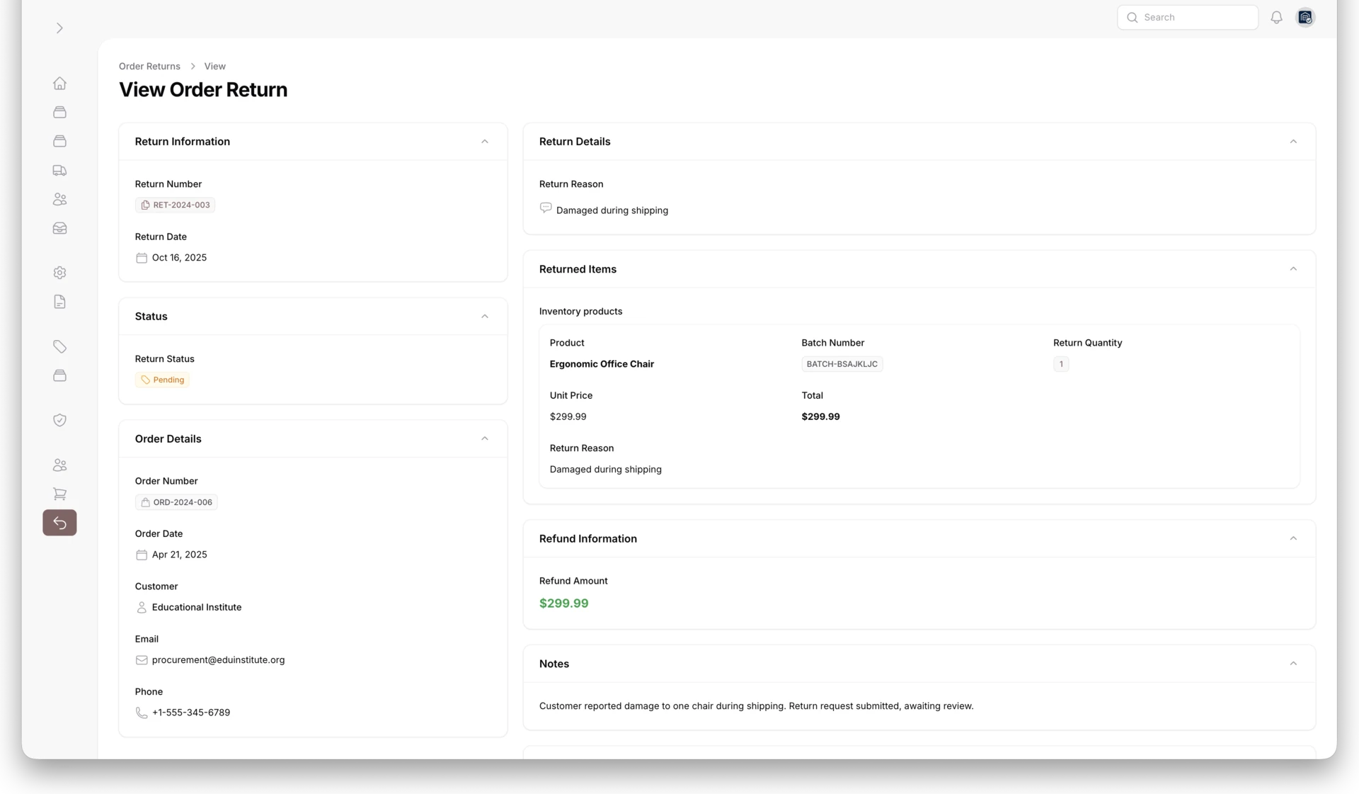 Order-return view connecting seeded return status, order data, returned inventory, refund information, and notes.