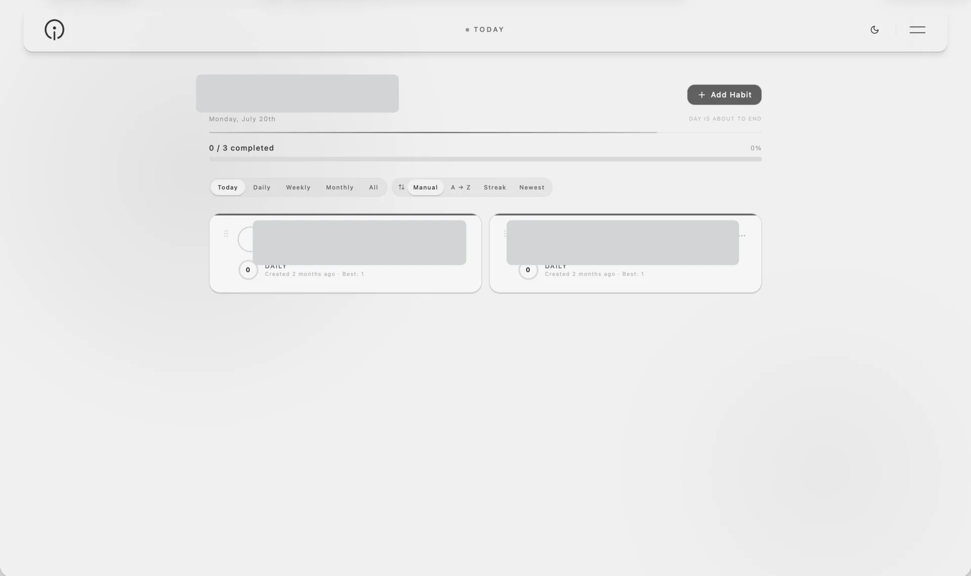 Isle desktop dashboard showing schedule filters, completion progress, and habit cards with personal text permanently masked.