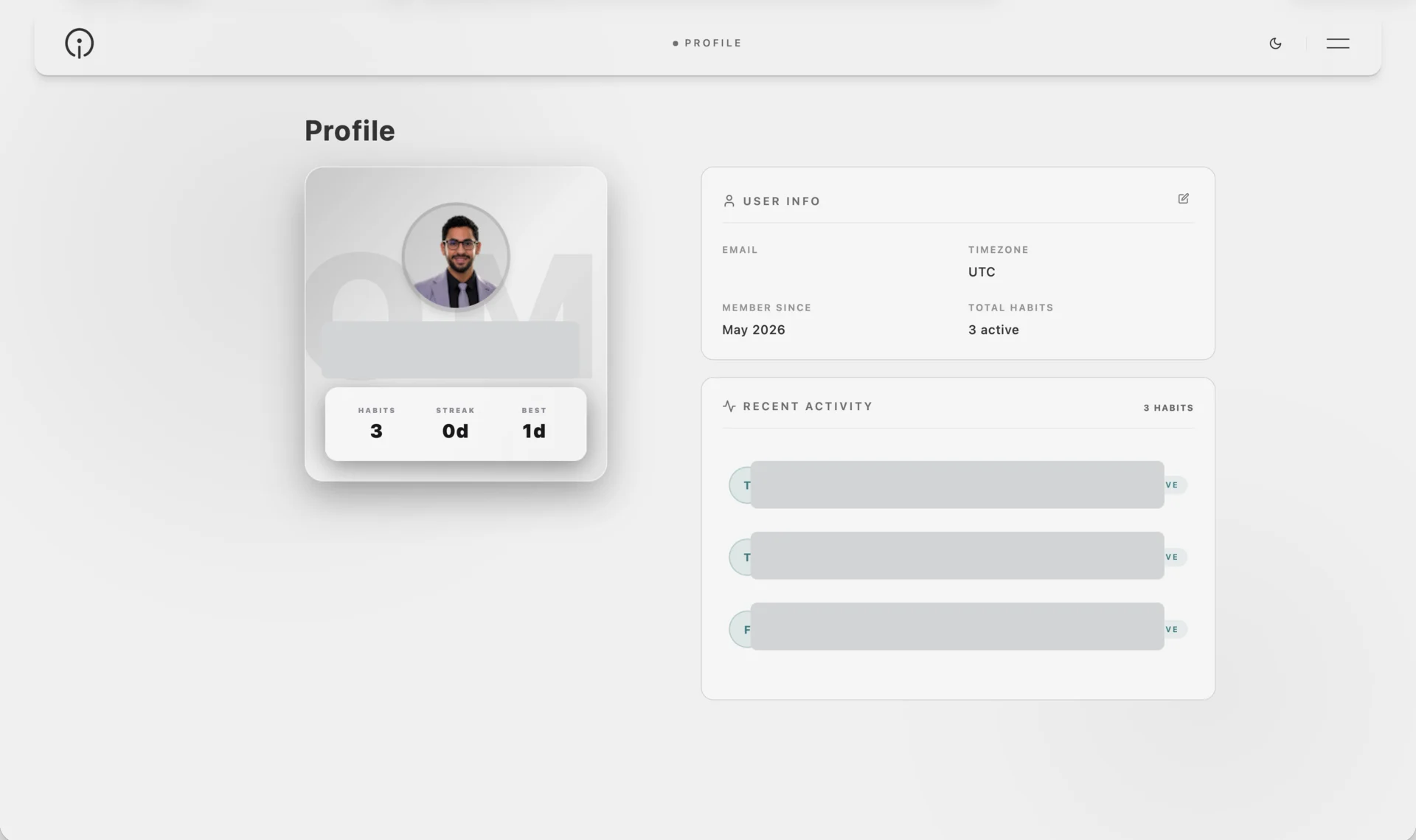 Isle profile surface retaining the approved portrait while account identifiers and activity names are permanently masked.